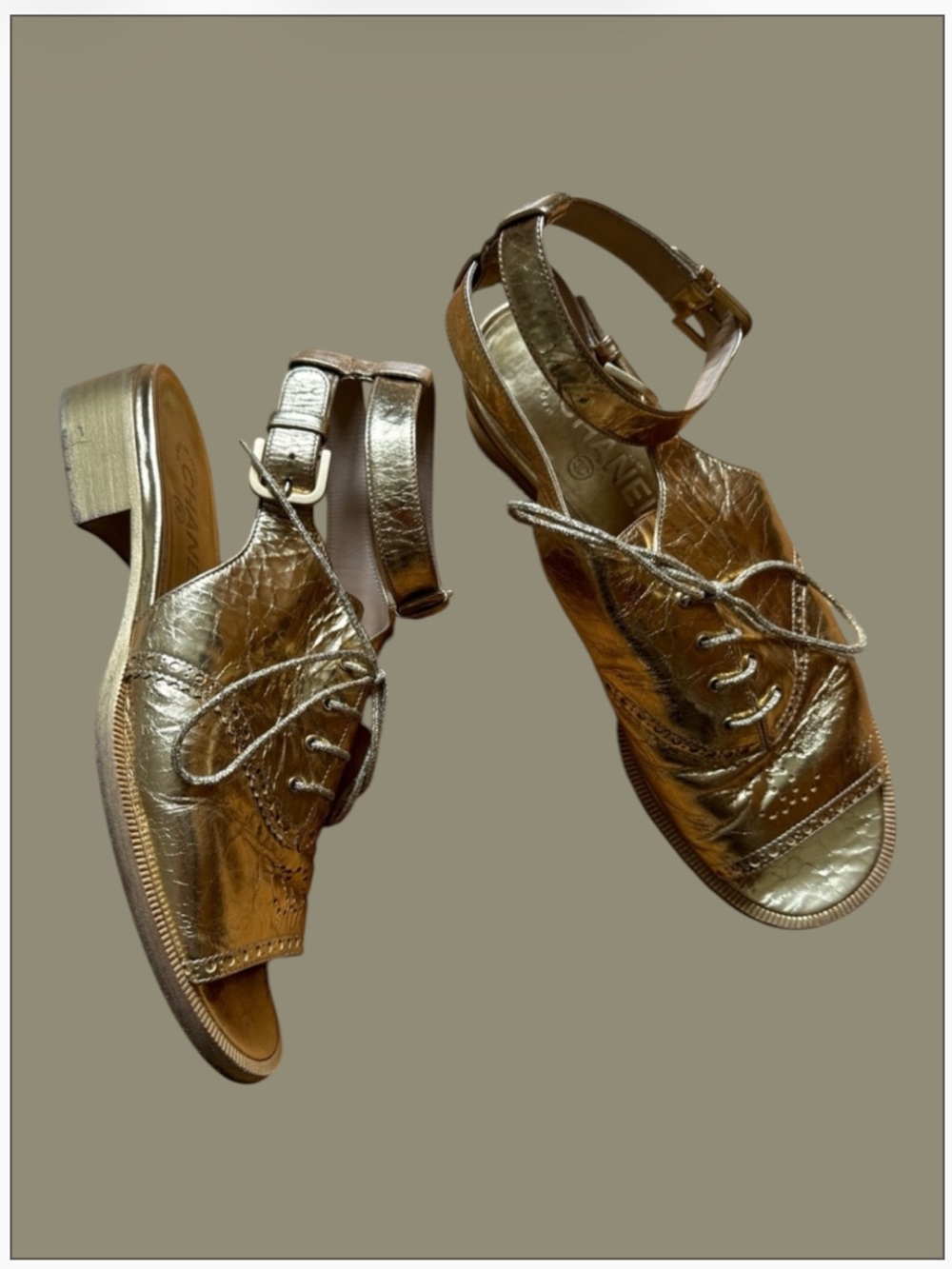CHANEL Metallic Gold Leather Open-Toe Lace-Up Flats